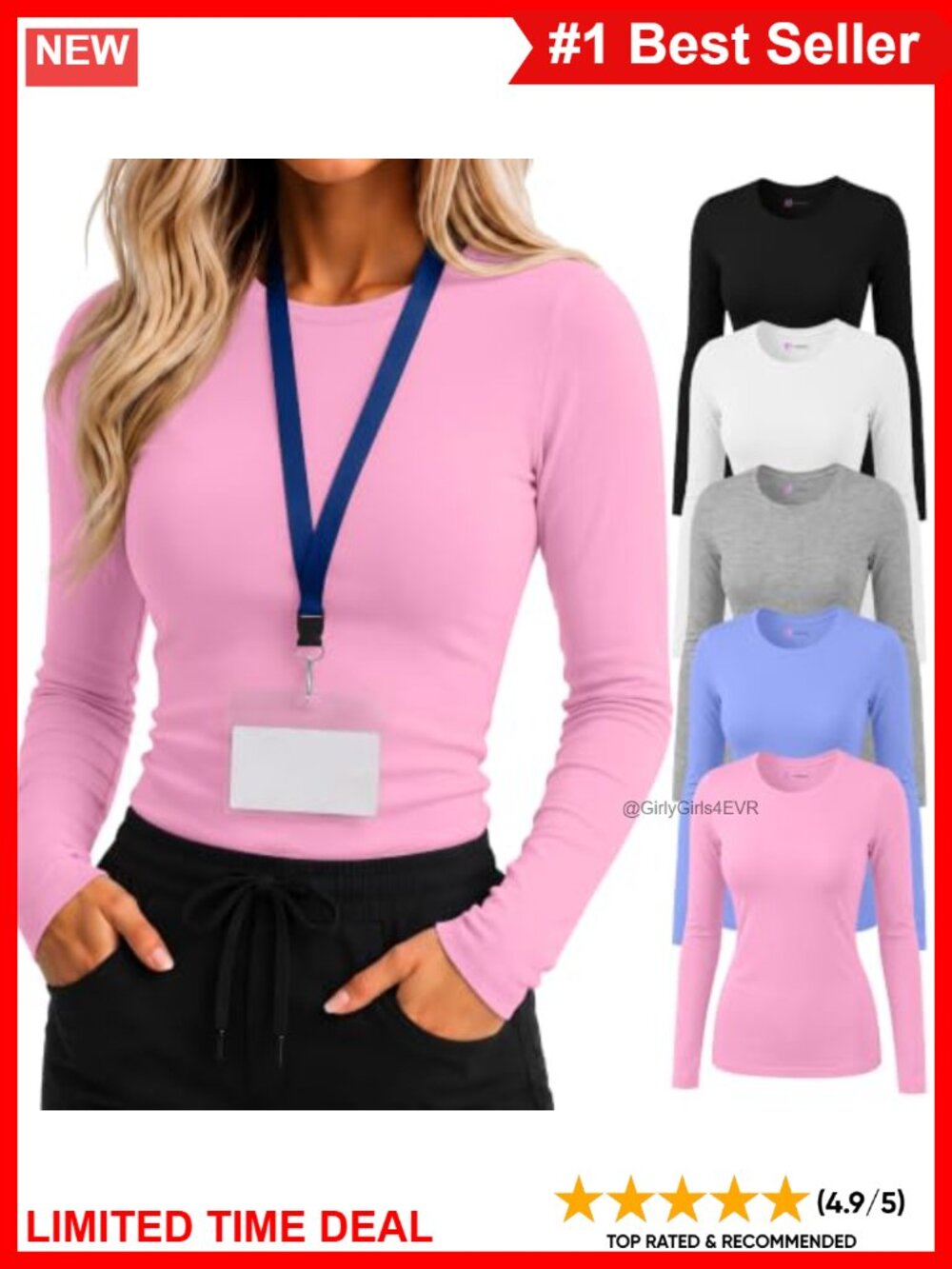 5 Pack Women's Long Sleeve Underscrub Shirts Crew Neck Slim Fit Cotton Blend